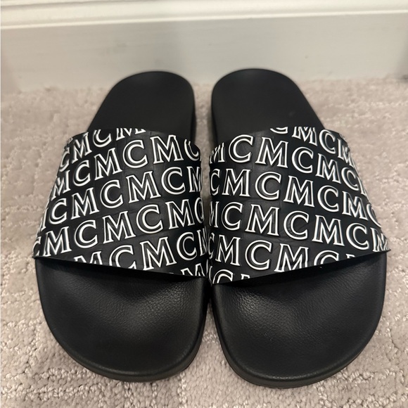 MCM Shoes - Women’s MCM Monogram Logo Slides, Black & White